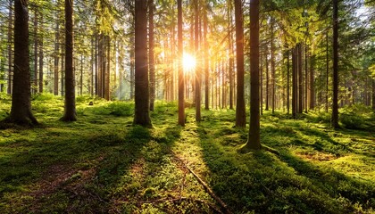 beautiful forest with bright sun shining through the trees