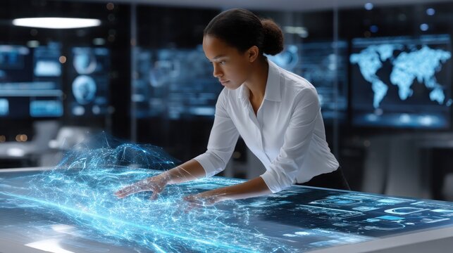 Futuristic AI security analyst interacting with holographic threat data overlays, glowing blue interface elements in dark control room