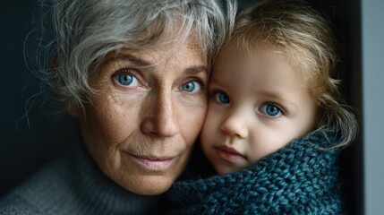Elderly woman and young girl share a warm embrace indoors, showcasing love and tenderness. girls innocent gaze meets the womans wise eyes, highlighting comfort and trust in their bond