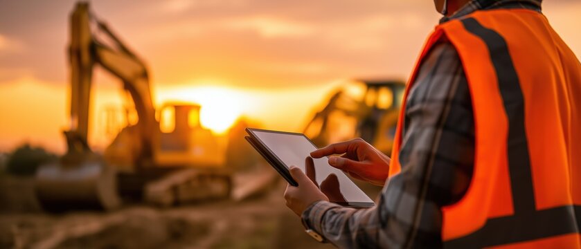 Engineer Using Digital Tablet On-Site – Smart Construction Management with Excavator Background