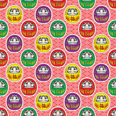 Seamless pattern of colorful daruma famous Japanese traditional doll with text meaning good luck background with red Japanese wave pattern drawing in cartoon vector