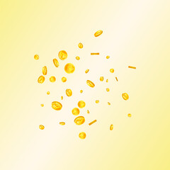 Indian rupee coins falling. Scattered gold INR