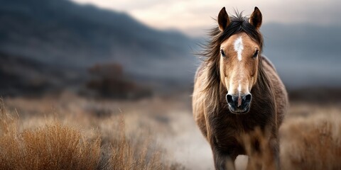 Fototapeta premium Majestic horse stands alone in a wide open landscape during a dramatic sunset in the mountains