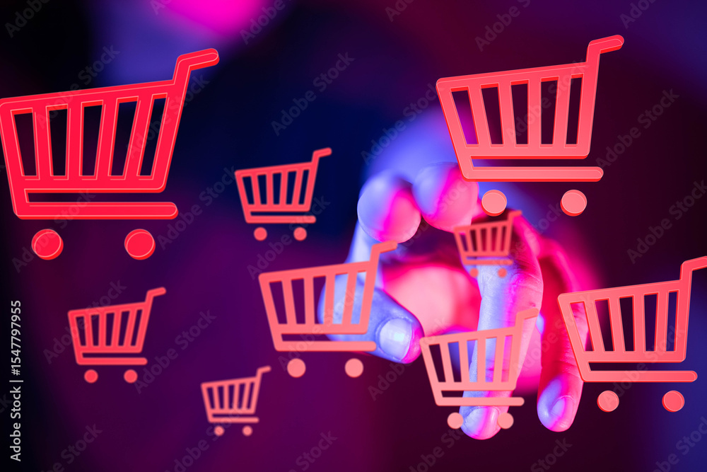 Poster abstract image of glowing shopping carts, symbolizing online shopping and e-commerce.