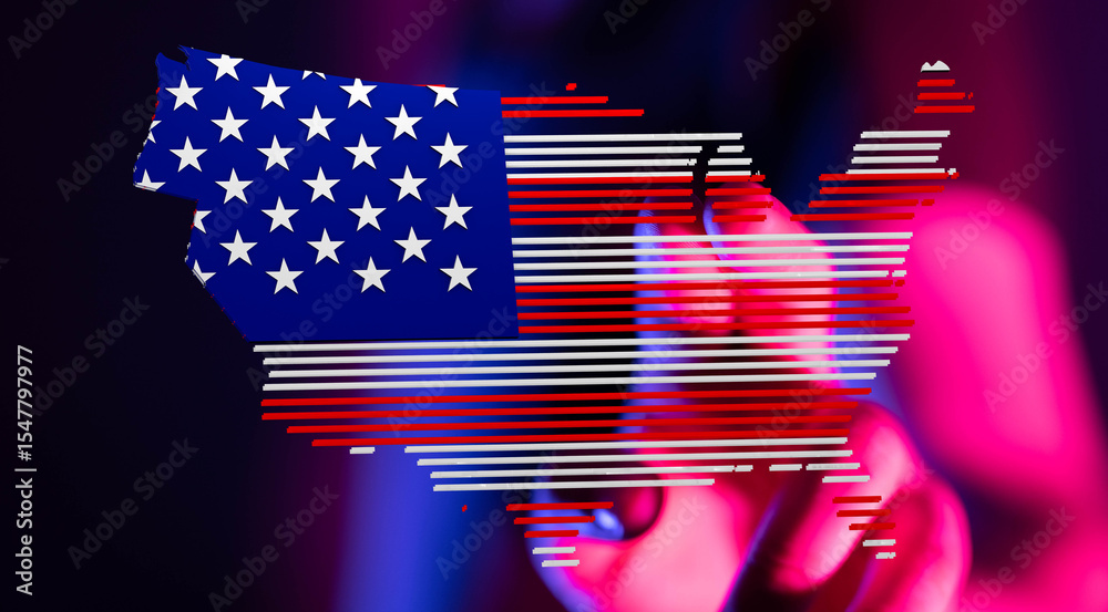 Poster striking image of the us flag stylized as a map, symbolizing american technology and innovation.