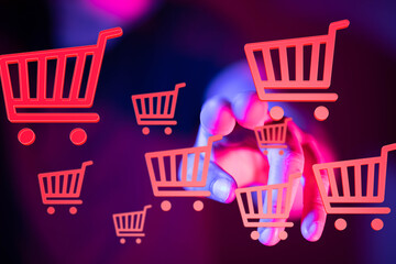Abstract image of glowing shopping carts, symbolizing online shopping and e-commerce.