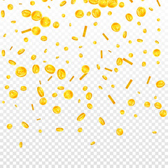 Indian rupee coins falling. Scattered gold INR