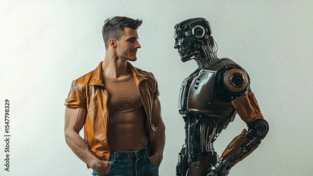 Poster A man and a realistic robot stand face to face. A symbol of the future, technology and human-AI interaction.