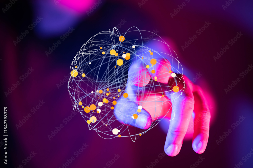 Poster Abstract image of a hand interacting with a digital network.  Perfect for tech, connectivity, and global concepts.