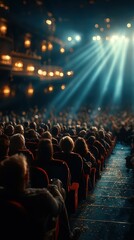 Audience enjoys live performance in a grand theater with focused spotlights illuminating the stage during an evening event
