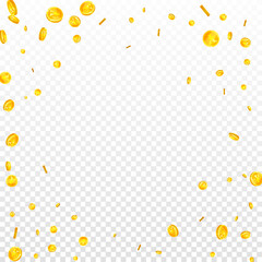 Chinese yuan coins falling. Scattered gold CNY