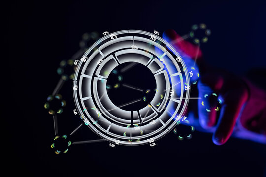 Futuristic digital interface showing data analysis. Perfect for tech, finance, and business concepts.