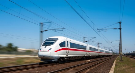 Fototapeta premium High-Speed Train on Railway Tracks Under Clear Blue Sky