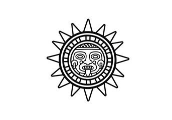 Aztec sun drawing. It is a black and white outline sketch of an Aztec sun symbol, an ancient Mesoamerican deity and cultural icon. Vector sketch line art draw.
