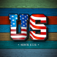 4th of July Independence Day of the USA Banner Design with American Flag in 3d US Typography Lettering on Vintage Colorful Wood Background. Vector Fourth of July National Celebration Illustration for