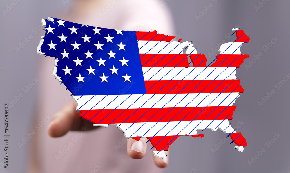 Poster High-quality image of a 3D US map designed with the American flag. Perfect for patriotic projects.