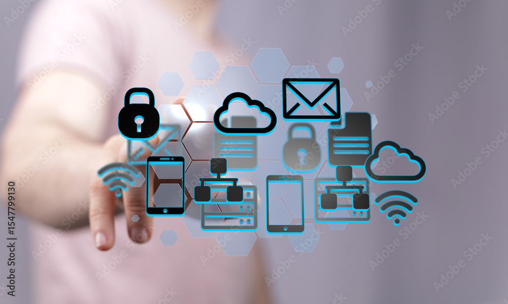 Poster Image depicts secure data access, cloud storage, networking, and file sharing. Ideal for technology, security, and business concepts.