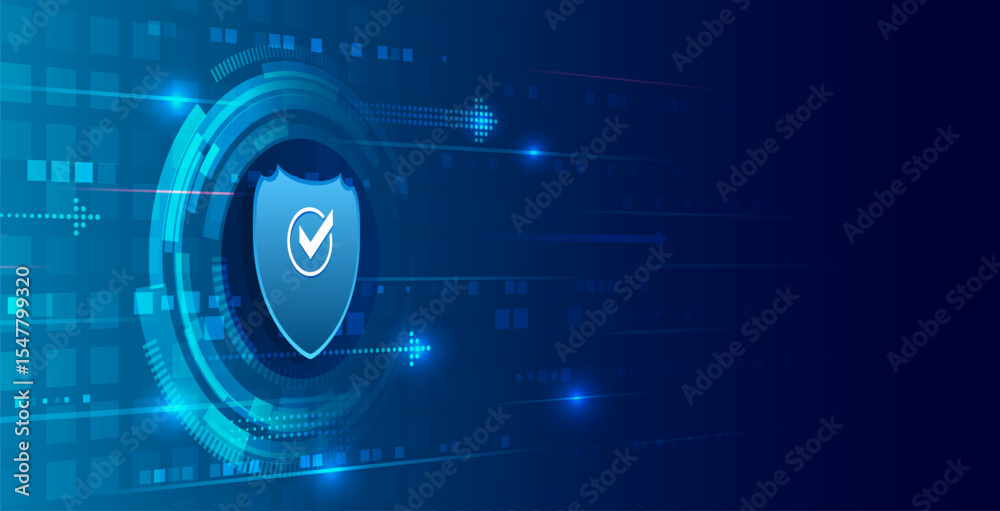 Aufkleber Technological background with a shield in the center, and arrows and stripes symbolizing security and information transfer, data protection and reliable digital infrastructure. Modern cyber theme.