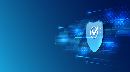Abstract background with a blue shield in the center. Symbol of data protection, digital security and reliable system. Modern and technological background, for banner and presentation.