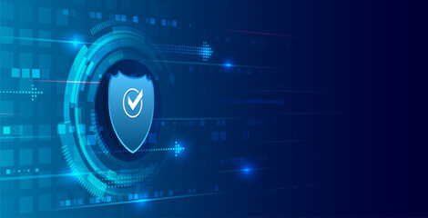Technological background with a shield in the center, and arrows and stripes symbolizing security and information transfer, data protection and reliable digital infrastructure. Modern cyber theme.
