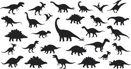 Silhouette dinosaurs vector collection, prehistoric animal set, black dinosaur icons for kids, dinosaur clipart, T-Rex, Triceratops, Stegosaurus, flying dinosaur, Jurassic theme illustration, 
