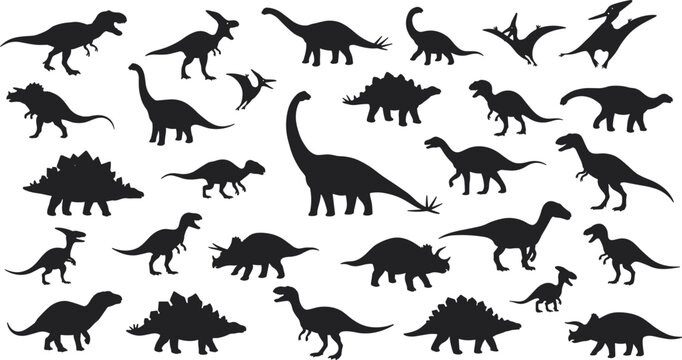 Silhouette dinosaurs vector collection, prehistoric animal set, black dinosaur icons for kids, dinosaur clipart, T-Rex, Triceratops, Stegosaurus, flying dinosaur, Jurassic theme illustration, 