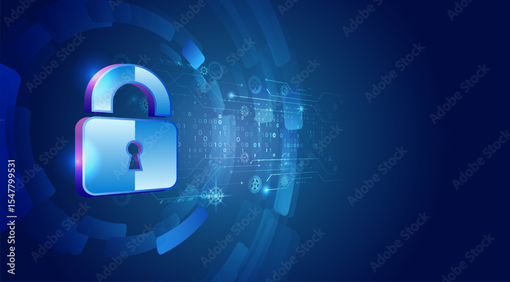 Aufkleber Digital illustration with a blue background depicting a padlock surrounded by gears, circuits and binary code. Ideal for cybersecurity and data protection themes.