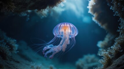 A luminous jellyfish glides gracefully through a serene underwater coral reef environment.