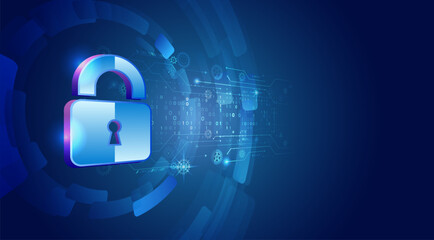 Digital illustration with a blue background depicting a padlock surrounded by gears, circuits and binary code. Ideal for cybersecurity and data protection themes.