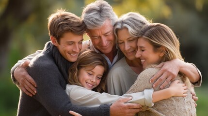 Fototapeta premium Outdoor Multigenerational Family Reunion Hugging in Warm Golden Hour Light