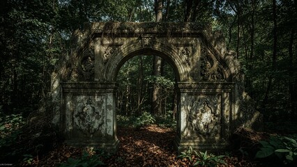Abandoned Stone Archway in Mystical Overgrown Forest Ruins with Shadows and Greenery