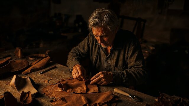 Craftsman Leatherworking in a Dark Workshop: Handmade Artisan Goods and Traditional Techniques in Detailed Sewing Process