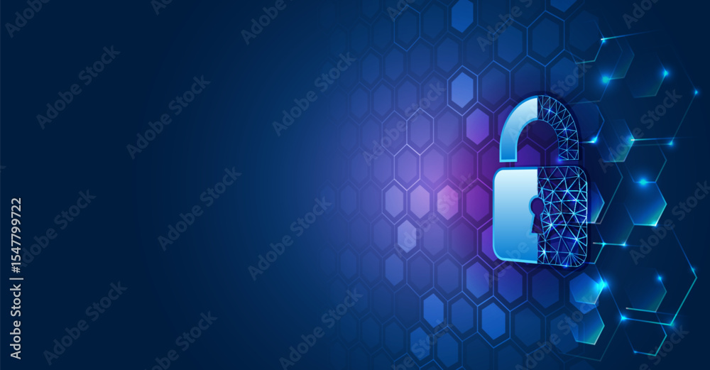 Aufkleber digital illustration with blue background depicting a digital padlock surrounded by hexagons. ideal 