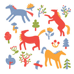 Hand drawn Scandinavian horse and forest elements set – vector clipart in bold retro colors. Includes playful horses, trees, birds, mushrooms and wildflowers. Perfect for DIY projects, nursery design
