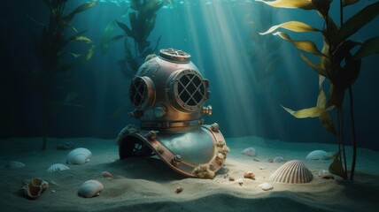 Vintage diving helmet resting on a sandy ocean floor surrounded by seaweed and sunlight beams.