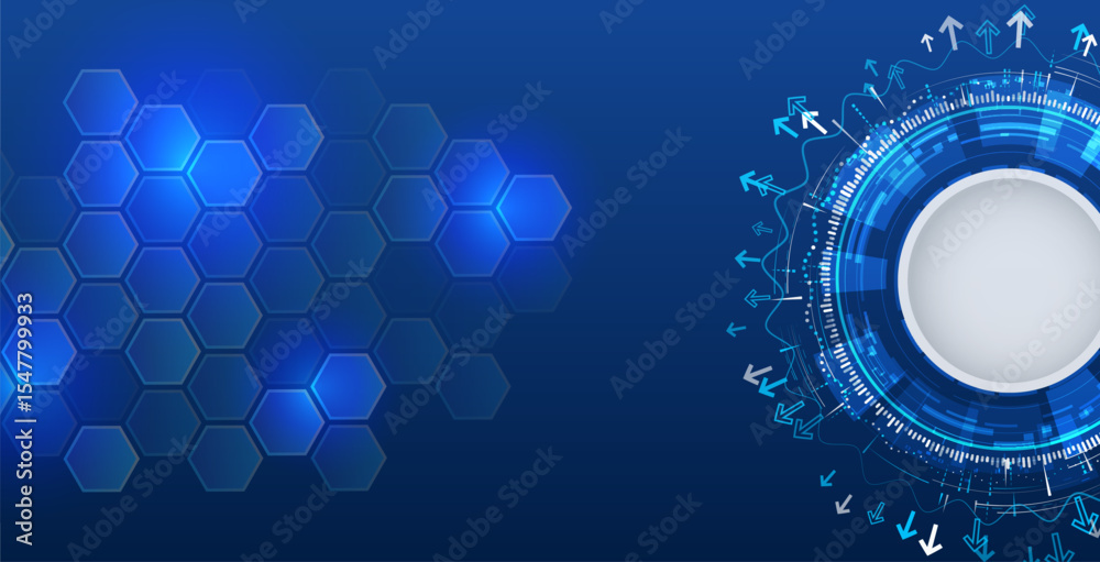 Aufkleber Modern tech blue background with hexagons, arrows and digital circle. Suitable for IT presentations, web design and innovative projects.