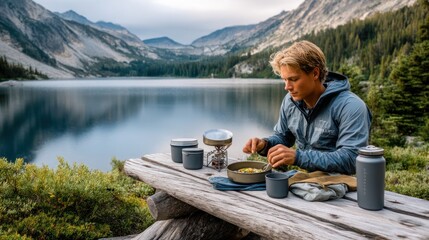 Camper Preparing Meal on Eco Stove by Glacial Lake with Zero-Waste Gear

