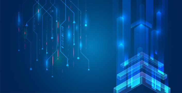 Futuristic background with upward arrows and digital elements symbolizing growth, development and technology. Ideal for business presentations banners and IT design.