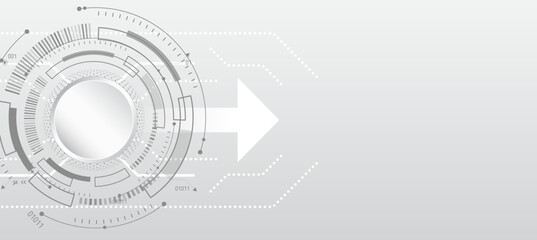 Futuristic light grey technology background with digital circular interface and arrow element. Ideal for innovation, tech presentations, or digital business themes.