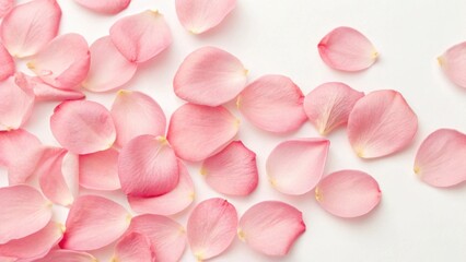 Fototapeta premium Scattered pink rose petals on a white surface.