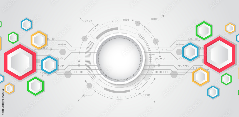 Aufkleber Colorful hexagonal tech background with abstract digital circuit elements. Perfect for presentations, innovation, data and futuristic technology concepts in a modern style.