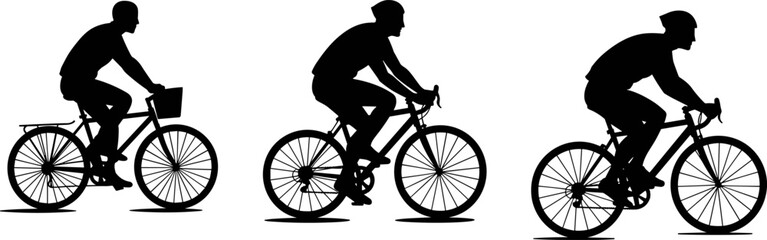 Silhouette cyclist riding bicycle, black vector illustration of man biking, fitness transportation concept, active lifestyle art, sport commuting graphic, road bike exercise symbol, 