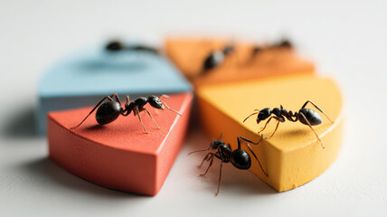 An ant carrying part of a pie chart. Showing a collaborative effort.