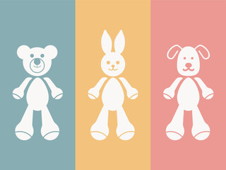 Plush animals toy flat icon. Vector Teddy bear, rabbit and dog plush toy. Minimal element design for logo sign vector illustration. Child and toy, Animal sign, Vector graphics.
