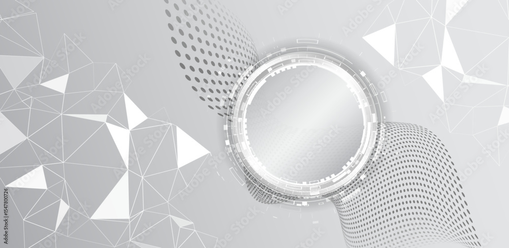 Poster Abstract grey tech background with futuristic circular interface, dotted wave patterns and polygonal grid. Perfect for innovation, presentations and high-tech design concepts.