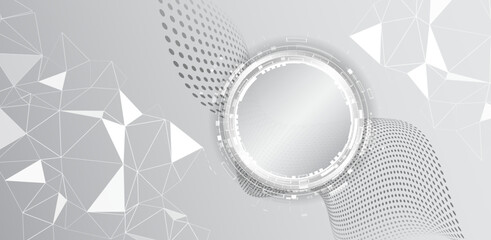 Abstract grey tech background with futuristic circular interface, dotted wave patterns and polygonal grid. Perfect for innovation, presentations and high-tech design concepts.