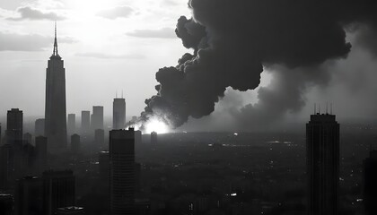 A monochromatic, ominous cityscape shrouded in thick smoke and debris from a massive explosion, with towering buildings silhouetted against a cloudy sky.