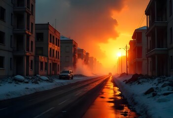 Obraz premium A striking sunset illuminates a desolate, snow-covered street lined with buildings, featuring a lone car and a fiery sky reflecting on the wet asphalt.