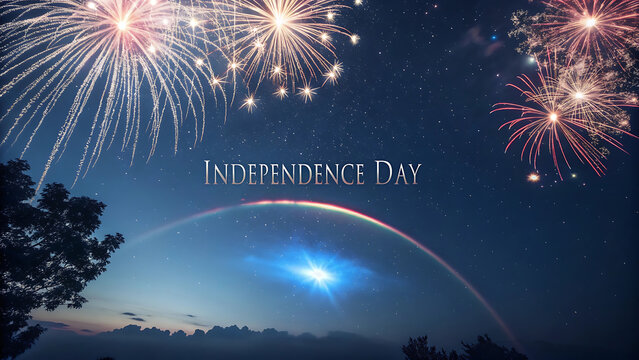 Celebratory Night Sky Fireworks Display Illuminated by a Rainbow Reflecting Patriotism and American Pride for Independence Day