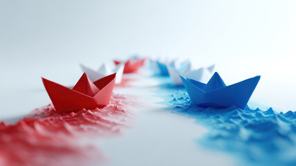 Paper boats moving into separate water channels red ocean and blue ocean